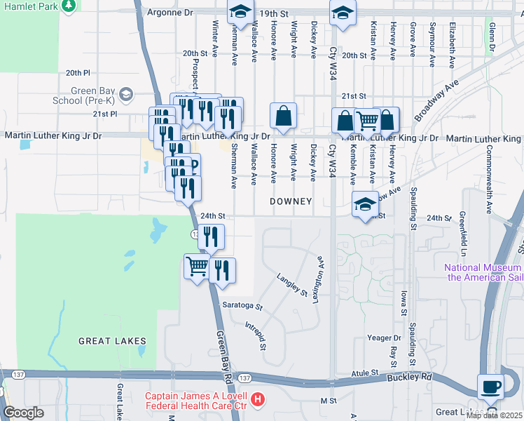 map of restaurants, bars, coffee shops, grocery stores, and more near 2338 Wallace Avenue in North Chicago