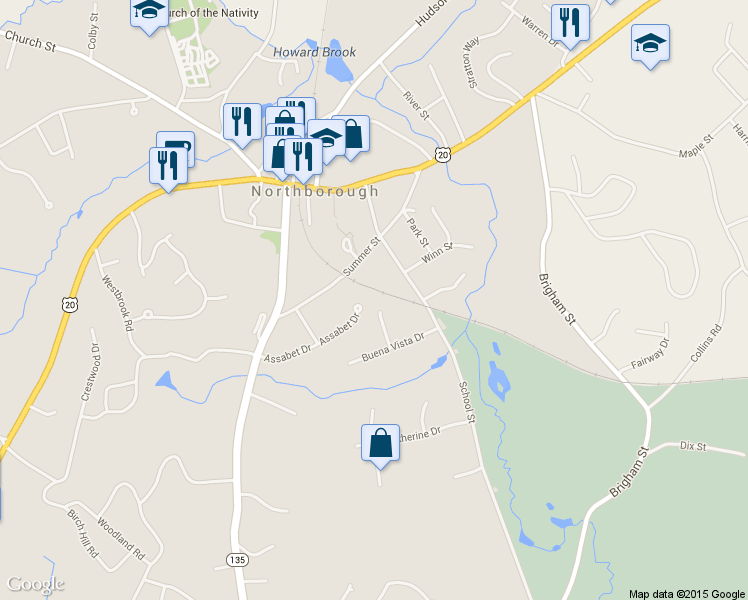 map of restaurants, bars, coffee shops, grocery stores, and more near 25 Greenland Circle in Northborough