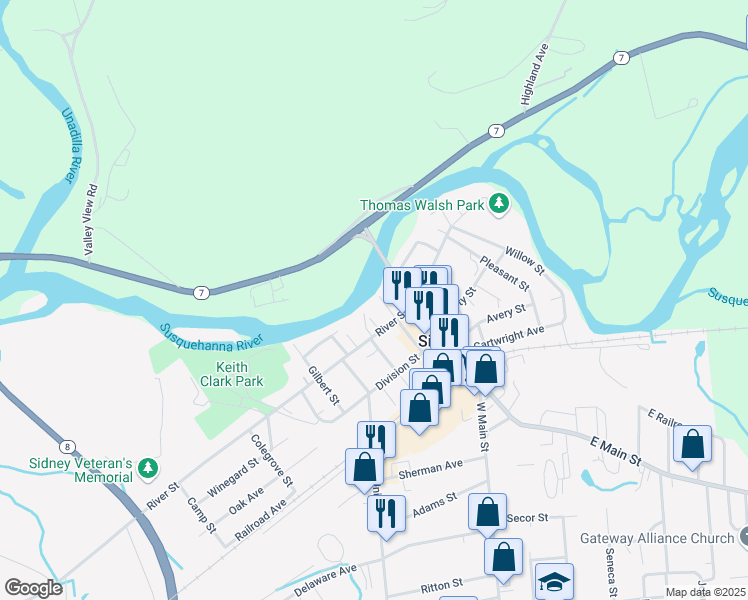 map of restaurants, bars, coffee shops, grocery stores, and more near 6 Grand Street in Sidney