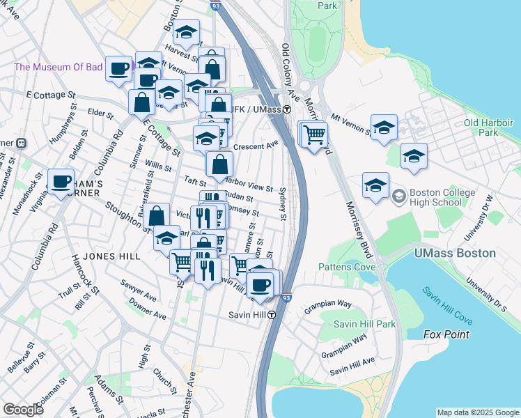 map of restaurants, bars, coffee shops, grocery stores, and more near 62-64 Sudan Street in Boston