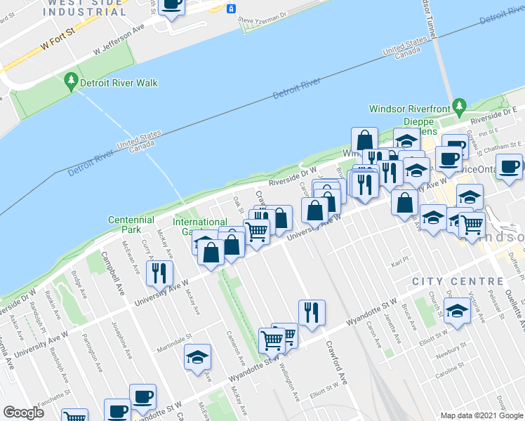 map of restaurants, bars, coffee shops, grocery stores, and more near 35 Crawford Avenue in Windsor