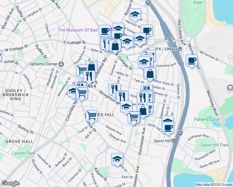 map of restaurants, bars, coffee shops, grocery stores, and more near 25A Morrill Street in Boston