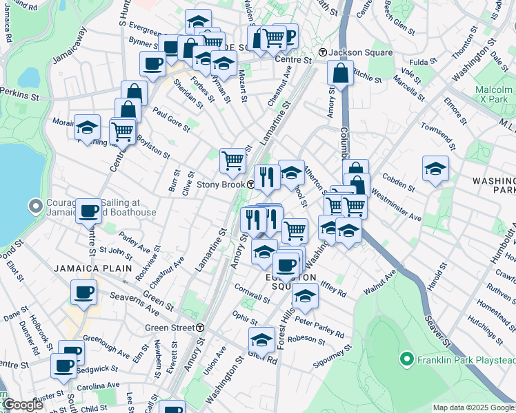 map of restaurants, bars, coffee shops, grocery stores, and more near 2 Lamartine Place in Boston