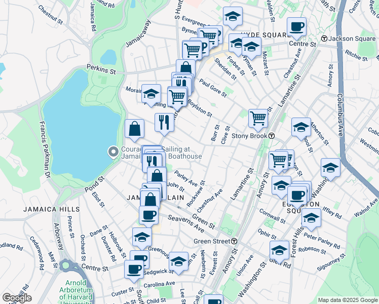 map of restaurants, bars, coffee shops, grocery stores, and more near 41 Spring Park Avenue in Boston