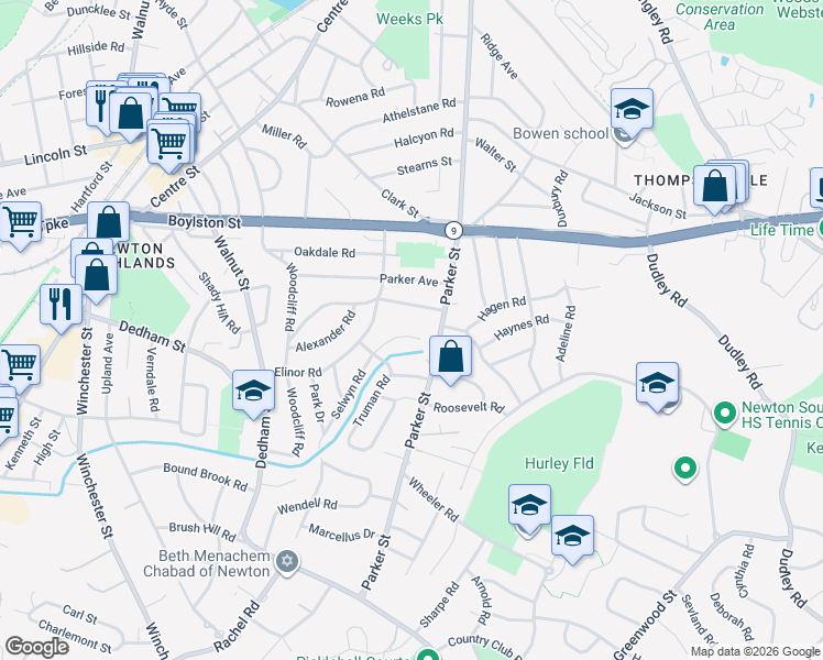 map of restaurants, bars, coffee shops, grocery stores, and more near 18 Kendall Road in Newton