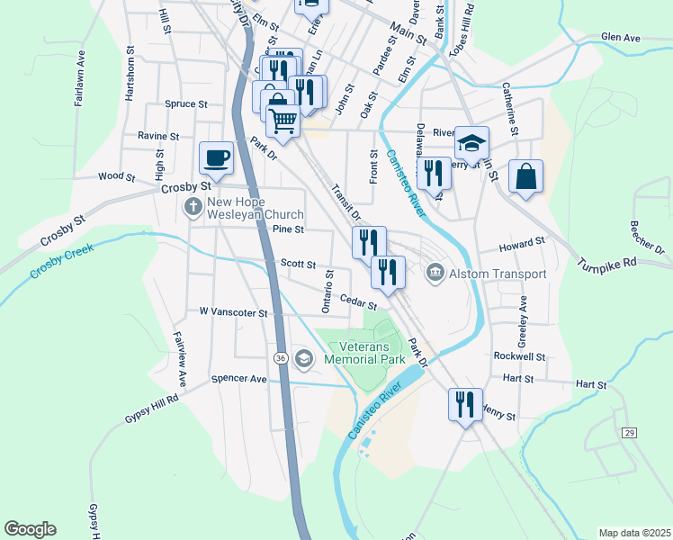 map of restaurants, bars, coffee shops, grocery stores, and more near 364 Ontario Street in Hornell