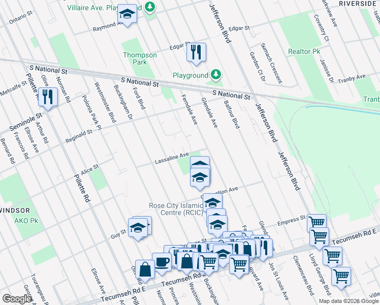 map of restaurants, bars, coffee shops, grocery stores, and more near 5490 Lassaline Avenue in Windsor
