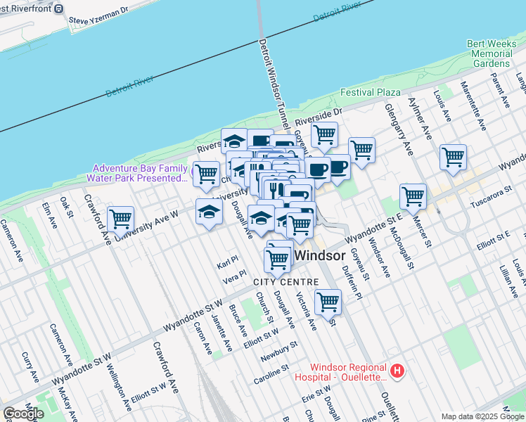 map of restaurants, bars, coffee shops, grocery stores, and more near in Windsor