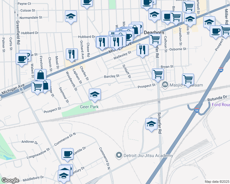 map of restaurants, bars, coffee shops, grocery stores, and more near 14511 Lanson Avenue in Dearborn