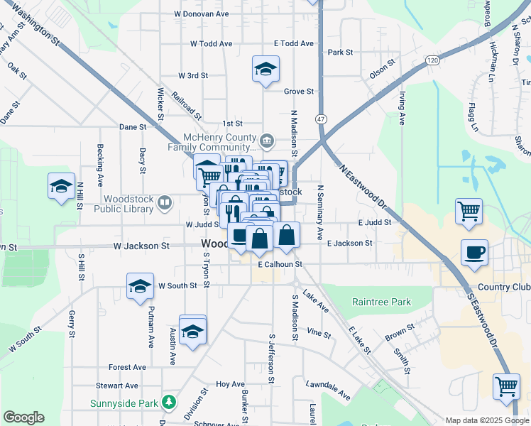 map of restaurants, bars, coffee shops, grocery stores, and more near 201 Illinois 120 in Woodstock