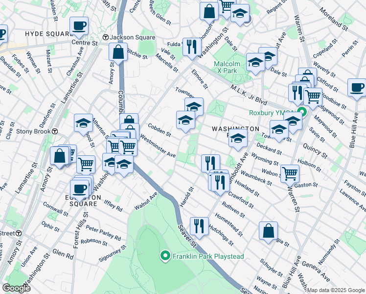 map of restaurants, bars, coffee shops, grocery stores, and more near 302 Walnut Avenue in Boston