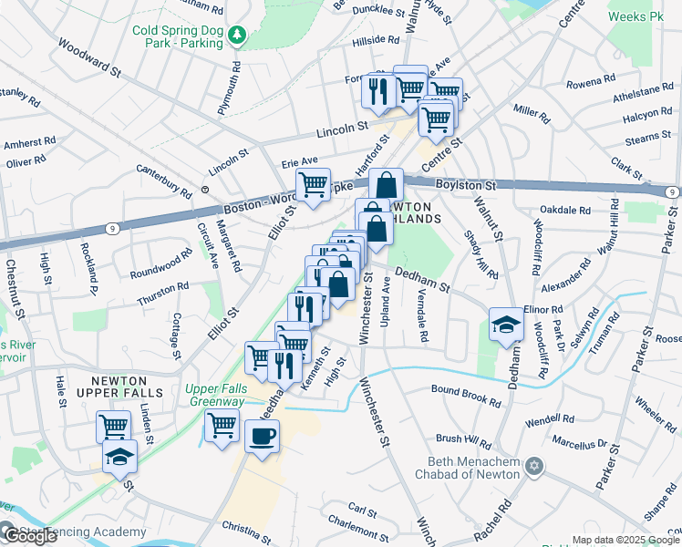 map of restaurants, bars, coffee shops, grocery stores, and more near 9 Needham Street in Newton