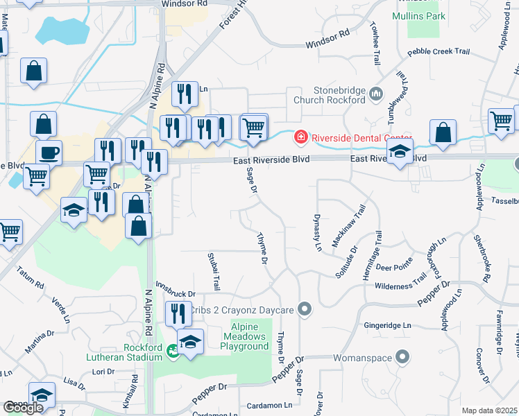 map of restaurants, bars, coffee shops, grocery stores, and more near 3901 Sage Drive in Rockford