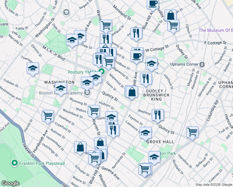 map of restaurants, bars, coffee shops, grocery stores, and more near 32-34 Savin Street in Boston