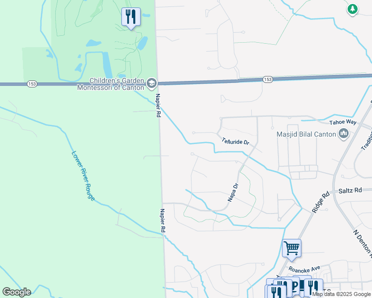 map of restaurants, bars, coffee shops, grocery stores, and more near 51127 Telluride Drive in Canton