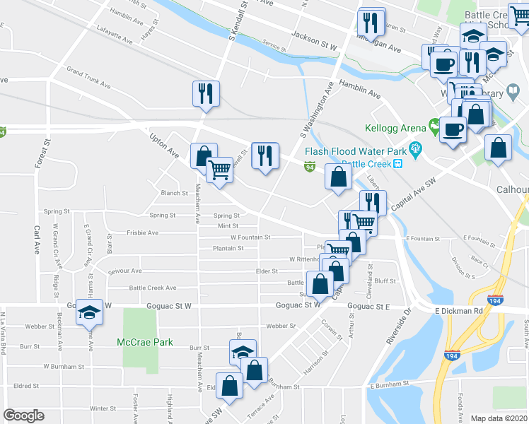 map of restaurants, bars, coffee shops, grocery stores, and more near 86 Upton Avenue in Battle Creek