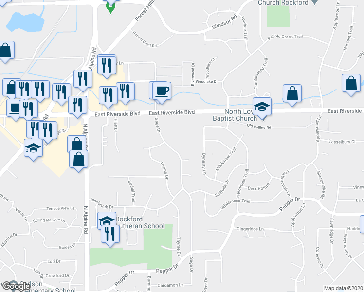 map of restaurants, bars, coffee shops, grocery stores, and more near 3811 Sage Drive in Rockford