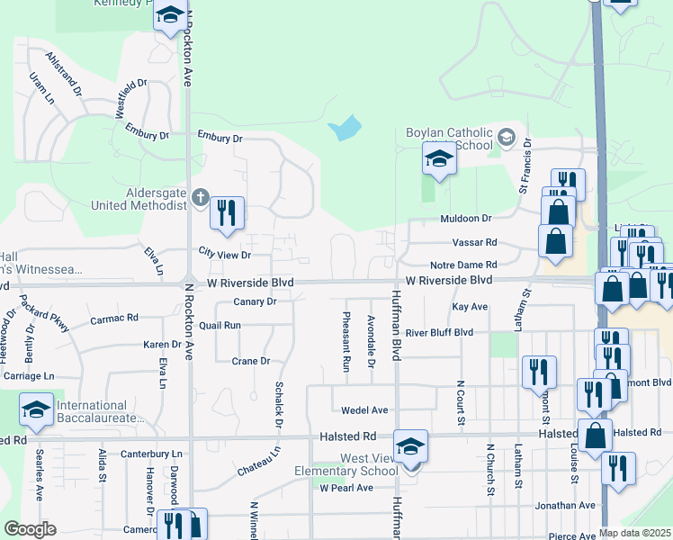 map of restaurants, bars, coffee shops, grocery stores, and more near 1985 West Riverside Boulevard in Rockford