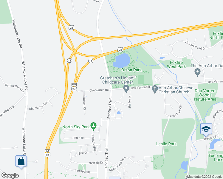 map of restaurants, bars, coffee shops, grocery stores, and more near Pontiac Trail & Dhu Varren Rd in Ann Arbor