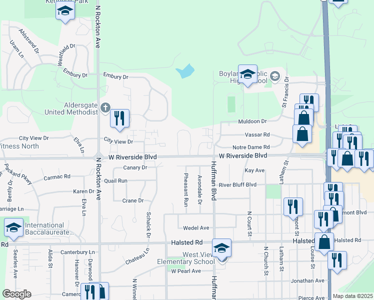 map of restaurants, bars, coffee shops, grocery stores, and more near 1905 West Riverside Boulevard in Rockford