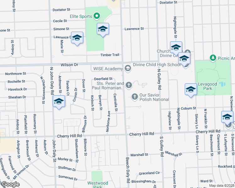 map of restaurants, bars, coffee shops, grocery stores, and more near 633 Beech Daly in Dearborn Heights