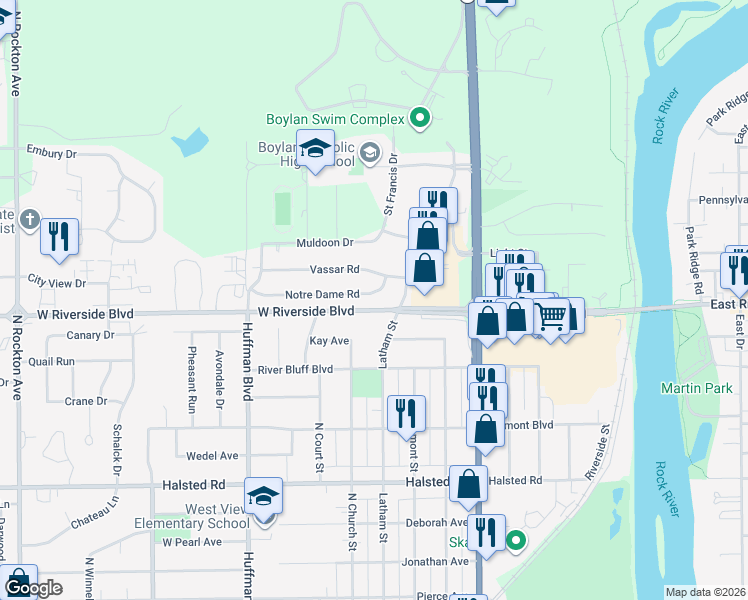 map of restaurants, bars, coffee shops, grocery stores, and more near 1423 Notre Dame Road in Rockford