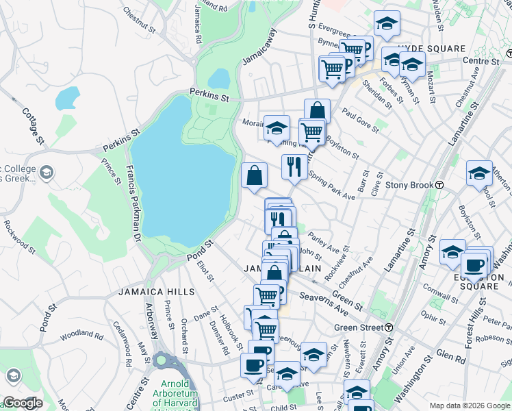 map of restaurants, bars, coffee shops, grocery stores, and more near 478 Jamaicaway in Boston