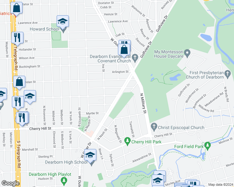 map of restaurants, bars, coffee shops, grocery stores, and more near 18740 West Outer Drive in Dearborn