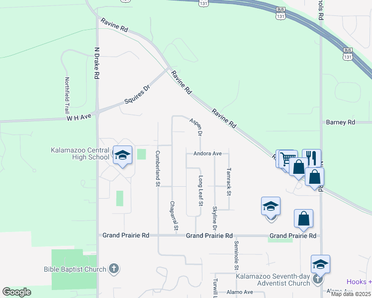map of restaurants, bars, coffee shops, grocery stores, and more near 2519 Sagebrush Street in Kalamazoo
