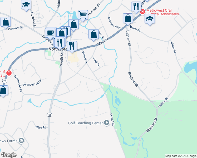 map of restaurants, bars, coffee shops, grocery stores, and more near 53 School Street in Northborough