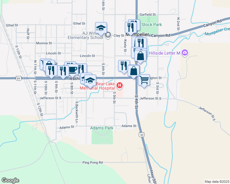 map of restaurants, bars, coffee shops, grocery stores, and more near 157 South 5th Street in Montpelier