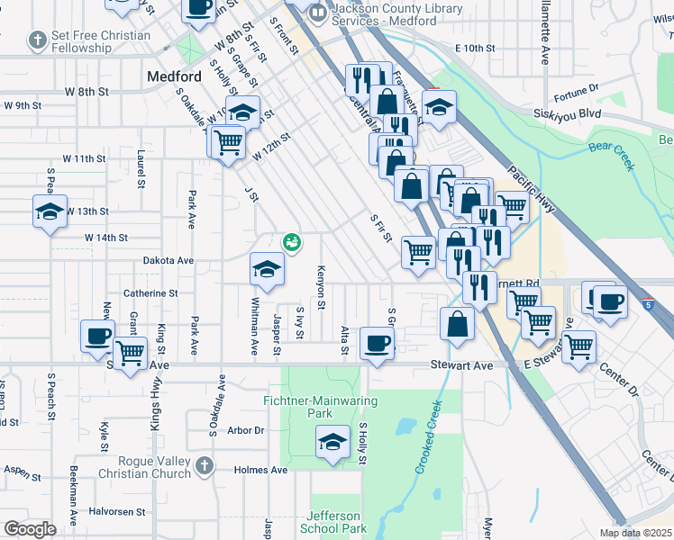 map of restaurants, bars, coffee shops, grocery stores, and more near 735 Kenyon Street in Medford