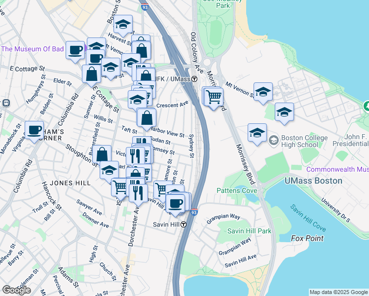 map of restaurants, bars, coffee shops, grocery stores, and more near 62-64 Sudan Street in Boston