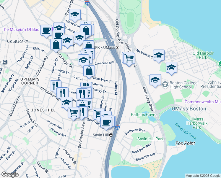 map of restaurants, bars, coffee shops, grocery stores, and more near 62-64 Sudan Street in Boston