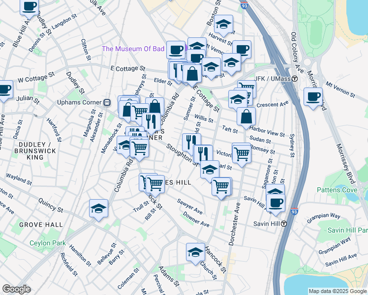 map of restaurants, bars, coffee shops, grocery stores, and more near 91 Sumner Street in Boston