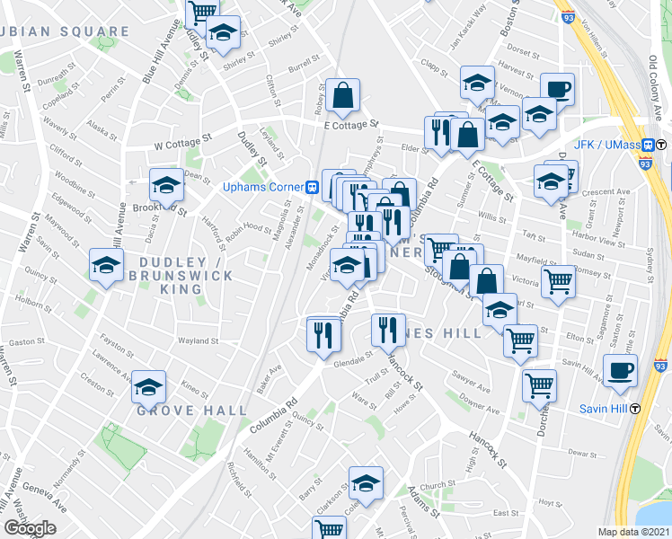 map of restaurants, bars, coffee shops, grocery stores, and more near 20 Arion Street in Boston