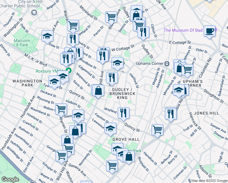 map of restaurants, bars, coffee shops, grocery stores, and more near 41 Dewey Street in Boston
