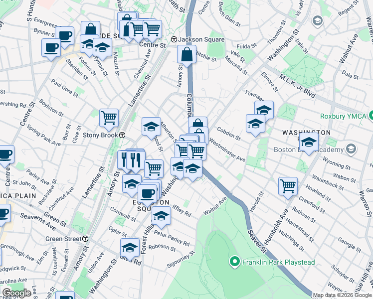 map of restaurants, bars, coffee shops, grocery stores, and more near 1947 Columbus Avenue in Boston