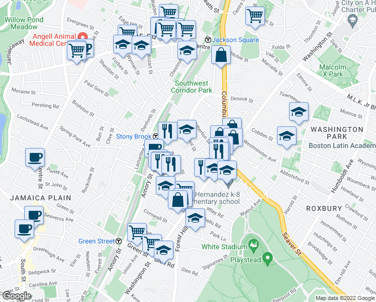 map of restaurants, bars, coffee shops, grocery stores, and more near 164 School Street in Boston
