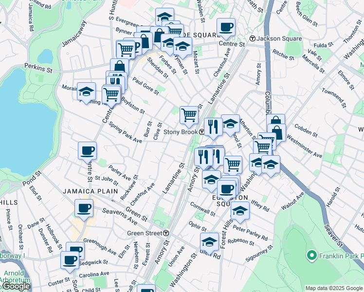 map of restaurants, bars, coffee shops, grocery stores, and more near 5 Hubbard Street in Boston