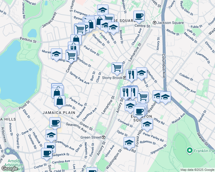 map of restaurants, bars, coffee shops, grocery stores, and more near 80 Spring Park Avenue in Boston