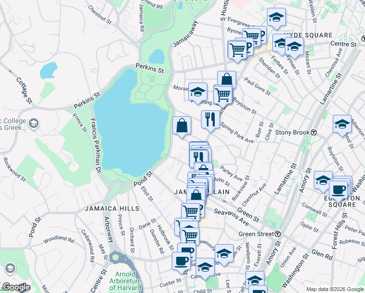 map of restaurants, bars, coffee shops, grocery stores, and more near 478 Jamaicaway in Boston
