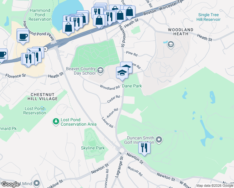 map of restaurants, bars, coffee shops, grocery stores, and more near 242 Woodland Road in Brookline