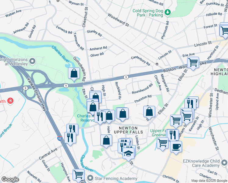 map of restaurants, bars, coffee shops, grocery stores, and more near 25 Lucille Place in Newton