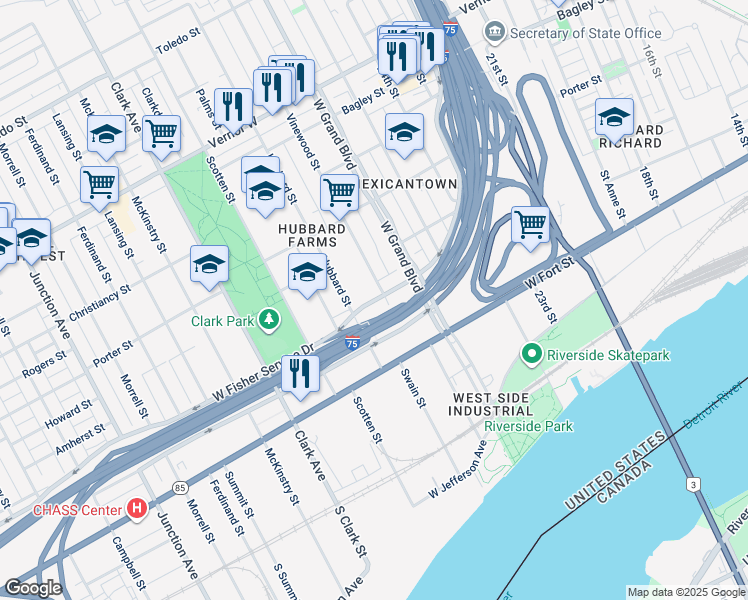 map of restaurants, bars, coffee shops, grocery stores, and more near 1015 Vinewood Street in Detroit