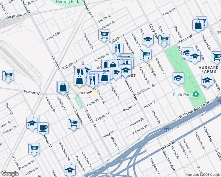 map of restaurants, bars, coffee shops, grocery stores, and more near 1716 Campbell Street in Detroit