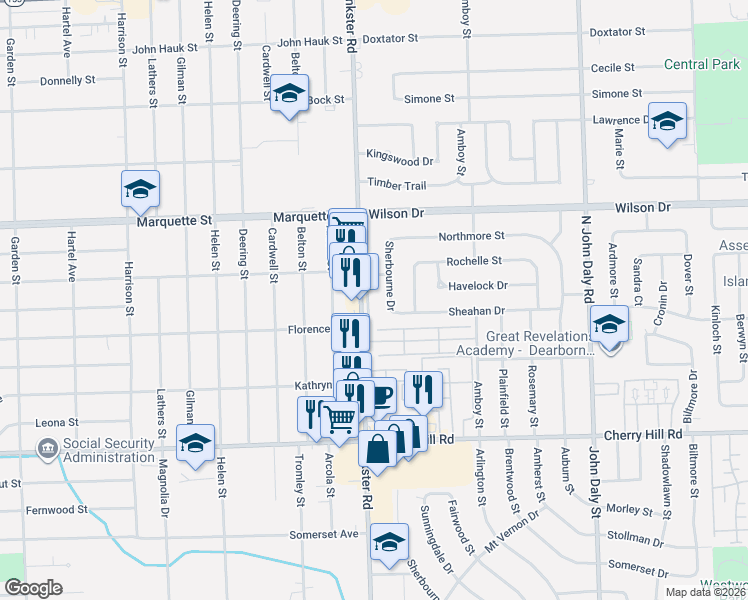 map of restaurants, bars, coffee shops, grocery stores, and more near 731 Sherbourne Drive in Dearborn Heights