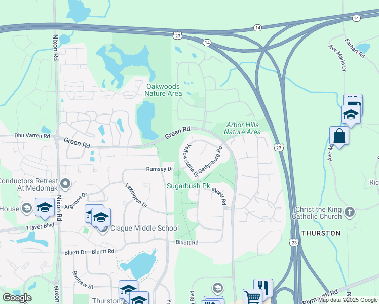 map of restaurants, bars, coffee shops, grocery stores, and more near 3449 Yellowstone Drive in Ann Arbor