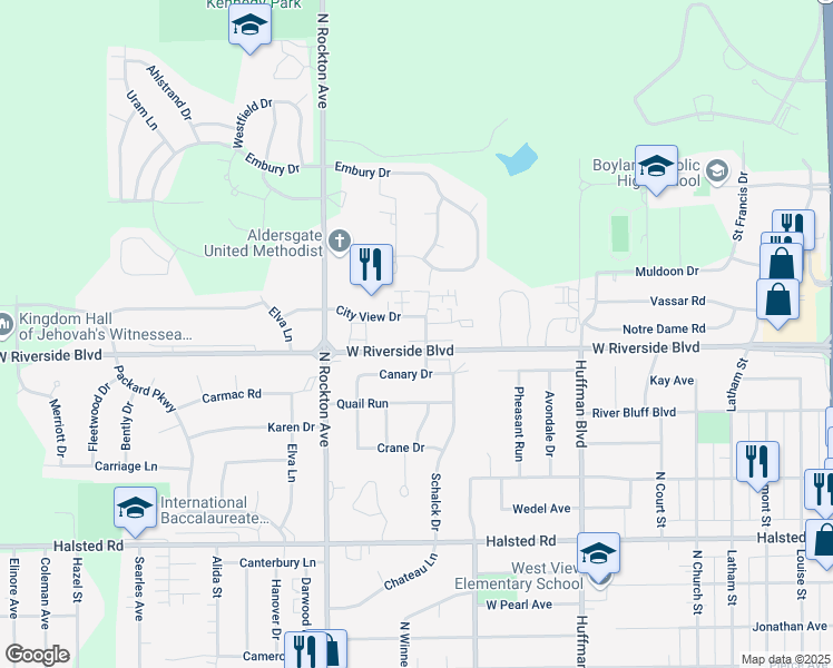 map of restaurants, bars, coffee shops, grocery stores, and more near 2844 City View Drive in Rockford