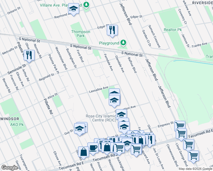 map of restaurants, bars, coffee shops, grocery stores, and more near 5490 Lassaline Avenue in Windsor